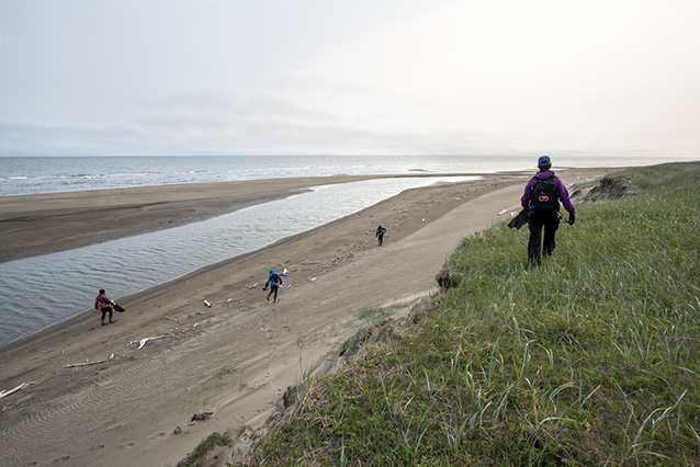 a person walking along a sandy beach