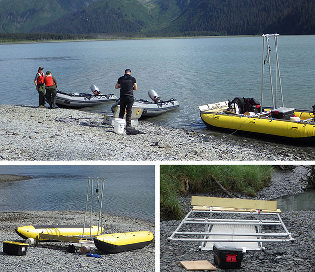 composite of three perspectives of inflatable rafts on a rocky lagoon beach