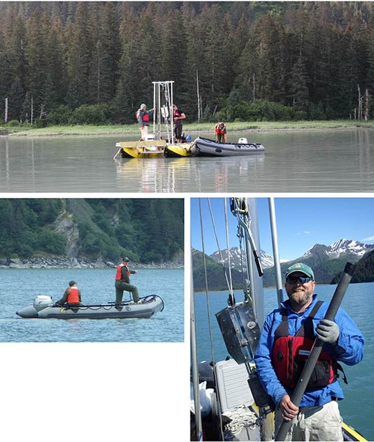 Three images of people on inflatable rafts in a lagoon