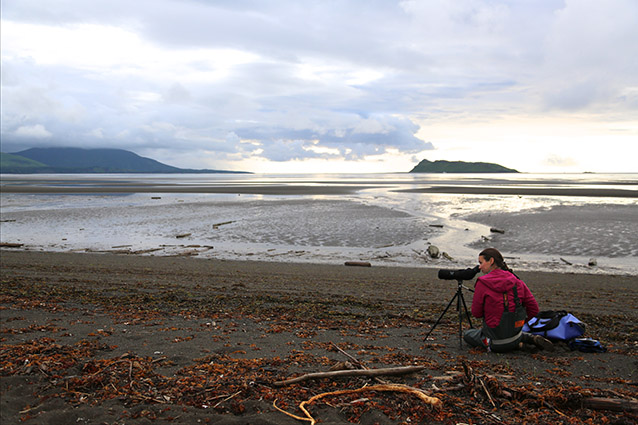 a person sitting on a beach looking at distant mountains 