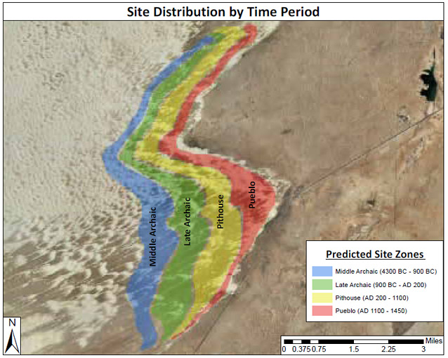 Satellite image of dunes with overlay showing distribution of hearth mound sites by time period