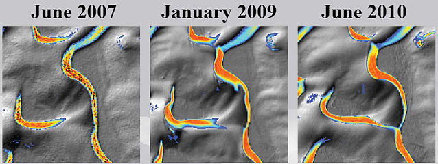 A LiDAR-derived digital elevation model showing a dune interaction