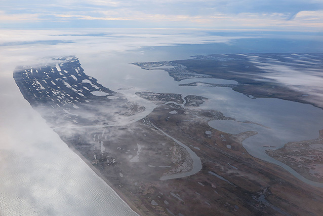 aerial view of a peninsula dotted with rivers and ponds