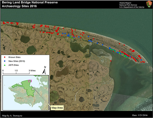 map of a coastline dotted with ponds and marked with red and blue dots