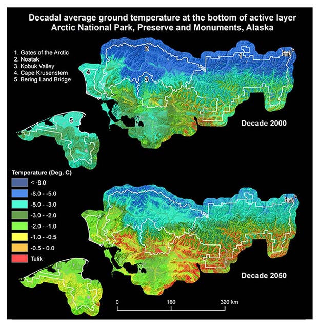 maps of arctic national parks in shades of yellow, green and blue