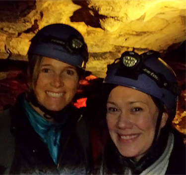 Kate and Pamela Mault with head protection for the Historic Tour Route at Mammoth Cave National Park