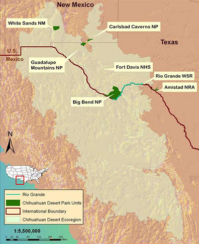 Map of the Chihuahuan Desert Ecoregion, with CHDN parks highlighted in green Map of the Chihuahuan Desert Ecoregion, with CHDN parks highlighted in green