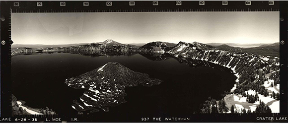 Crater Lake as seen from The Watchman Lookout, black and white image