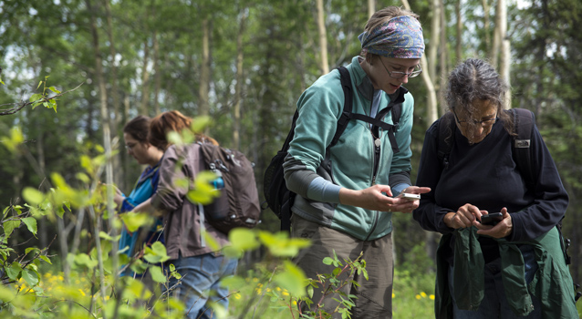 two women use their phones to identify flowers