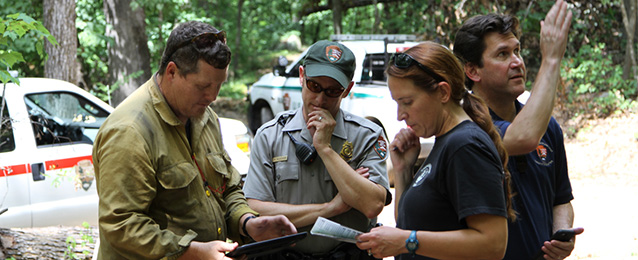 Two men and one woman in a group look at a tablet, while a third man looks the other direction.