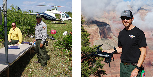 Left: Two men and a helicopter in the background. Right: a man holds a drone in his hand.