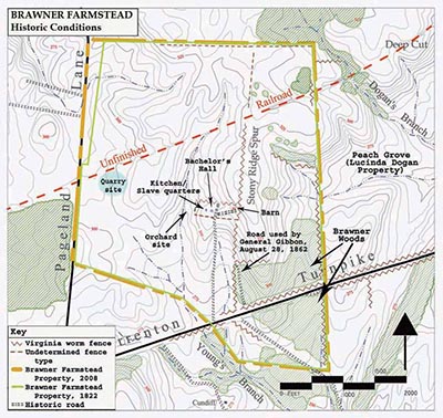 Map of the historic Brawner Farmstead features and boundaries. Map of the historic Brawner Farmstead features and boundaries.