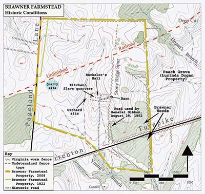 Map of the historic Brawner Farmstead features and boundaries.