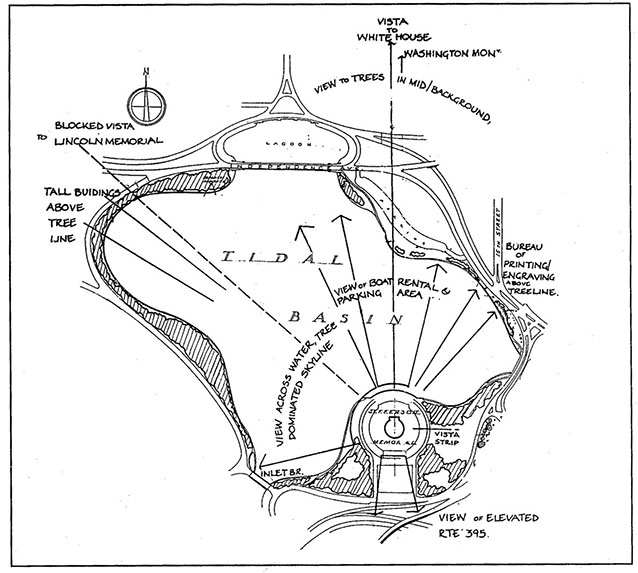 Drawing of the Jefferson Memorial at the edge of the Tidal Basin with arrows indicating vistas.