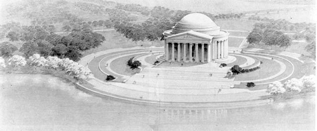 Aerial perspective drawing of the Jefferson Memorial and landscape on the edge of the Tidal Basin.