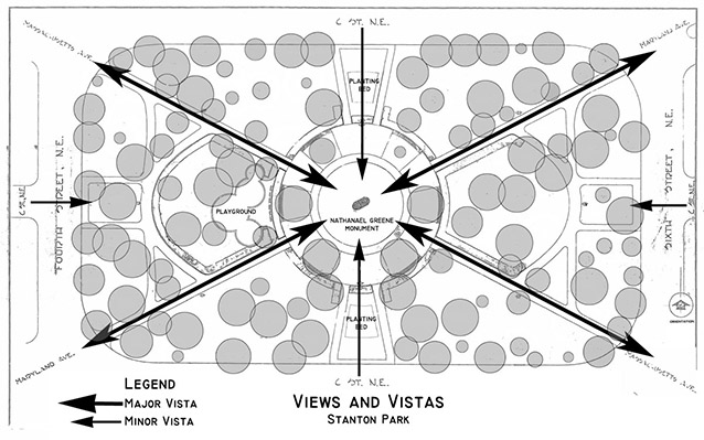A site plan drawing of the city park shows significant views from and toward the center monument. A site plan drawing of the city park shows significant views from and toward the center monument.