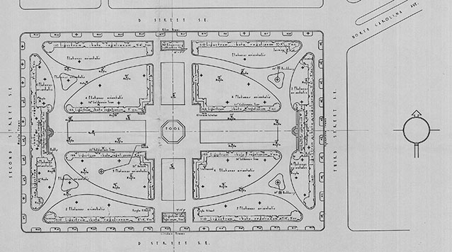 A site plan drawing of a city park shows an oval walkway, central wading pool, and planting plan