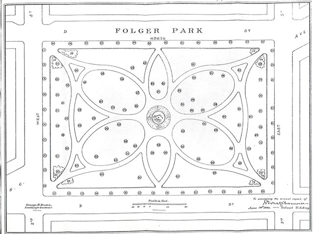 A site plan drawing of a park shows curving symmetrical walkways, a central fountain, and trees. 