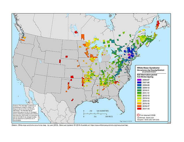 Map of WNS cases by county/district Map of WNS cases by county/district