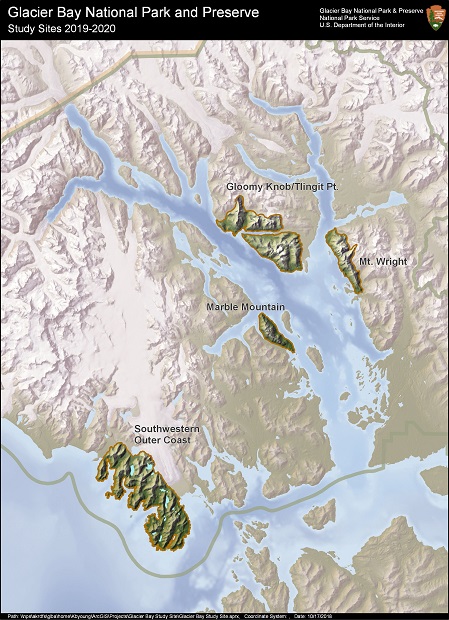 Map showing highlighted study sites for mountain goat research