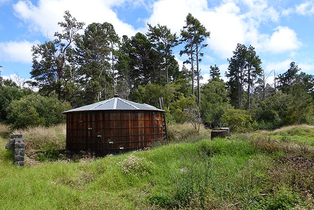 A large cylindrical tank with a roof and a ladder against the side