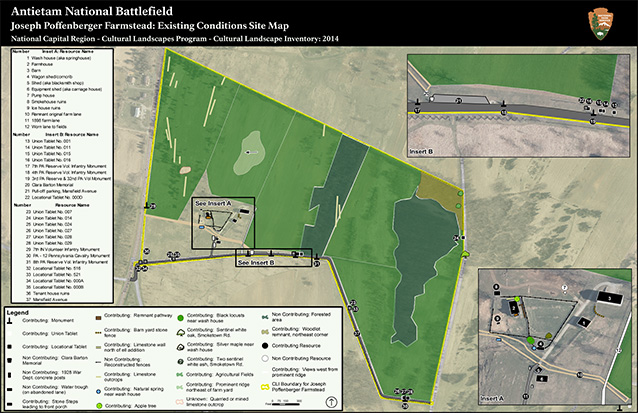 Existing conditions site map of Joseph Poffenberger Farmstead with legend