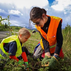 An adult and a child wearing neon safety vests kneel on the ground and pull plants from the ground