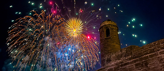 Castillo de San Marcos with fireworks behind. Castillo de San Marcos with fireworks behind.