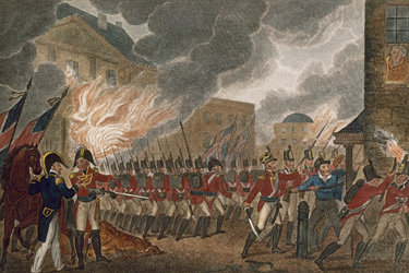 Painting of British troops in red coats with muskets storming Washington