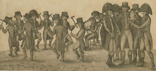 Cartoon of 19th century gentlemen holding axes Cartoon of 19th century gentlemen holding axes