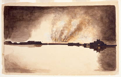 Watercolor painting of Washington, D.C. burning in 1814