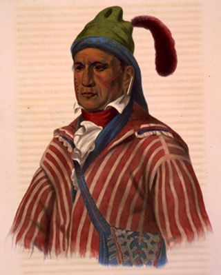 Portrait of Creek leader Menawa, with painted face and feathered hat