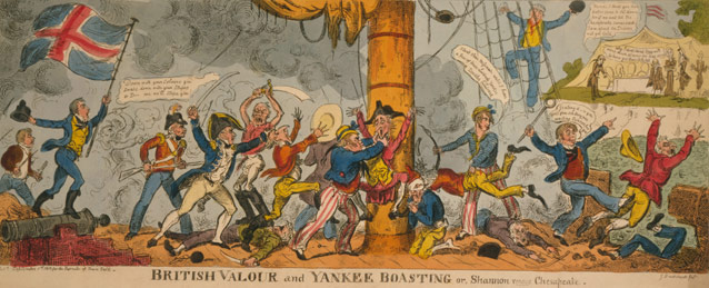 Chaotic scene of American and British soldiers fighting on board a ship 