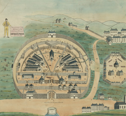 Birds-eye drawing of Dartmoor Prison, England