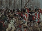 Battle scene from New Orleans with British troops in red coats battling well-dressed black soldiers