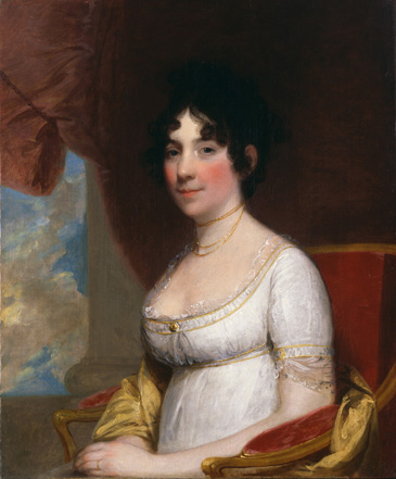 Portrait of First Lady Dolley Madison in a white dress