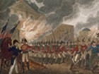 Painting of British troops in red coats with muskets storming Washington