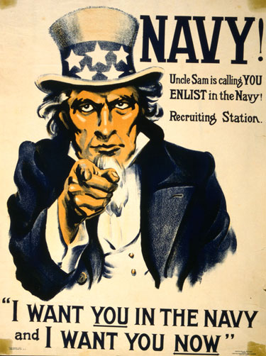 US Navy recruiting poster with Uncle Sam pointing finger to YOU US Navy recruiting poster with Uncle Sam pointing finger to YOU