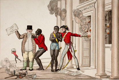Political cartoon: British soldiers leading slaves away from burning building Political cartoon: British soldiers leading slaves away from burning building