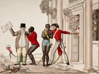 Political cartoon: British soldiers leading slaves away from burning building