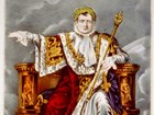 Emperor Napoleon in a red and white cloak sits on a throne