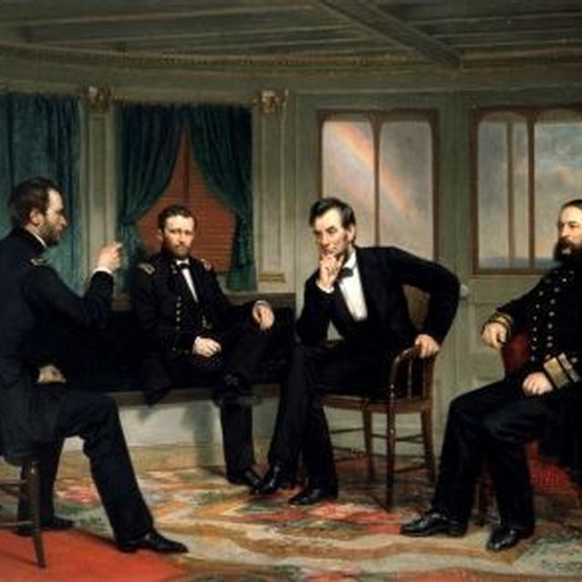 Painting "The Peacemakers" showing Lincoln meeting with his military commanders.