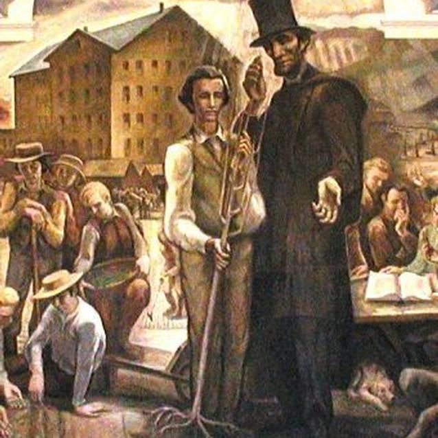 Photo of the allegorical Land Grant Fresco from Penn State University which depicts Lincoln presenting a rooted sapling to a student. Photo of the allegorical Land Grant Fresco from Penn State University which depicts Lincoln presenting a rooted sapling to a student.