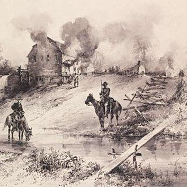 Period sketch of Union cavalry burning the Shenandoah Valley in the fall of 1864 Period sketch of Union cavalry burning the Shenandoah Valley in the fall of 1864