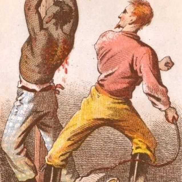 Color engraving of slave being whipped. Color engraving of slave being whipped.
