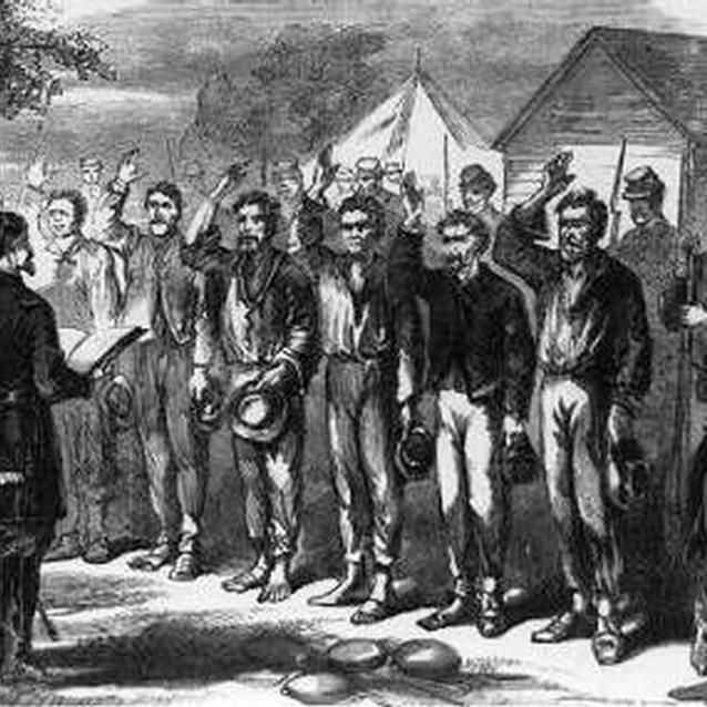 Engraving of Union officer administering Oath of Allegiance to Confederate soldiers