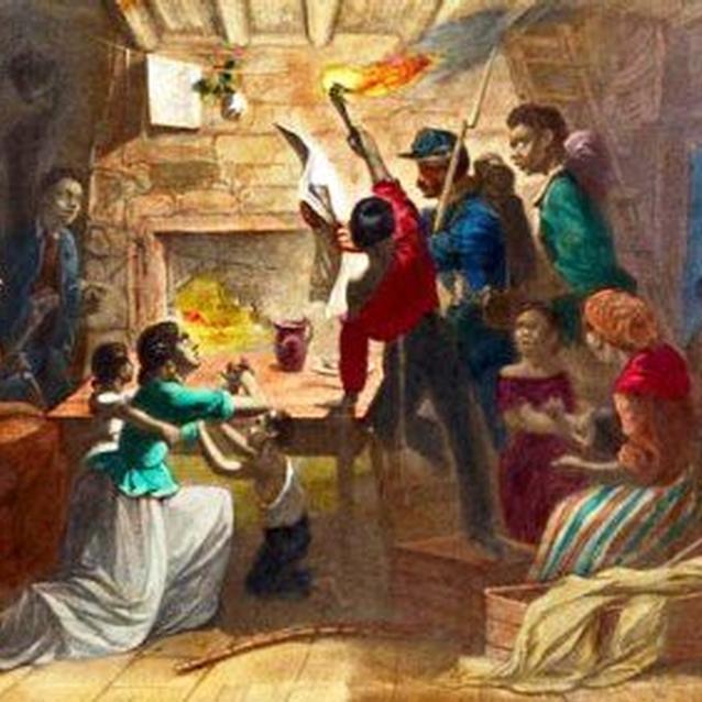 Painting of a Union soldier reading the Emancipation Proclamation to a group of slaves Painting of a Union soldier reading the Emancipation Proclamation to a group of slaves