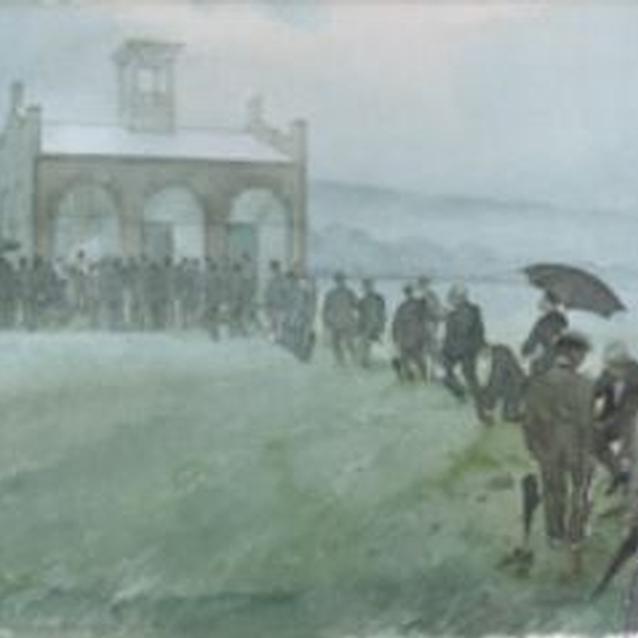 Painting of "Marching to a Monument," showing Niagara Conference participants at Murphy Farm, then the site of John Brown's Fort.