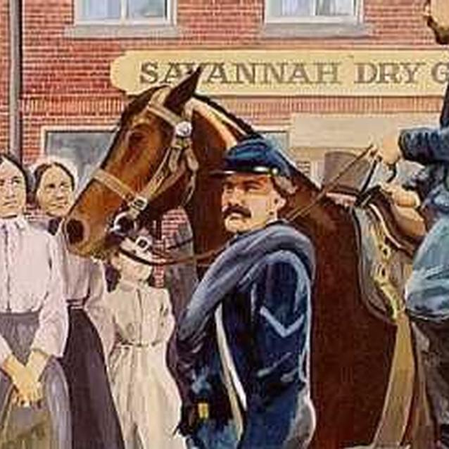 Painting of civilians in Savannah, Georgia watching Union troops enter the city Painting of civilians in Savannah, Georgia watching Union troops enter the city