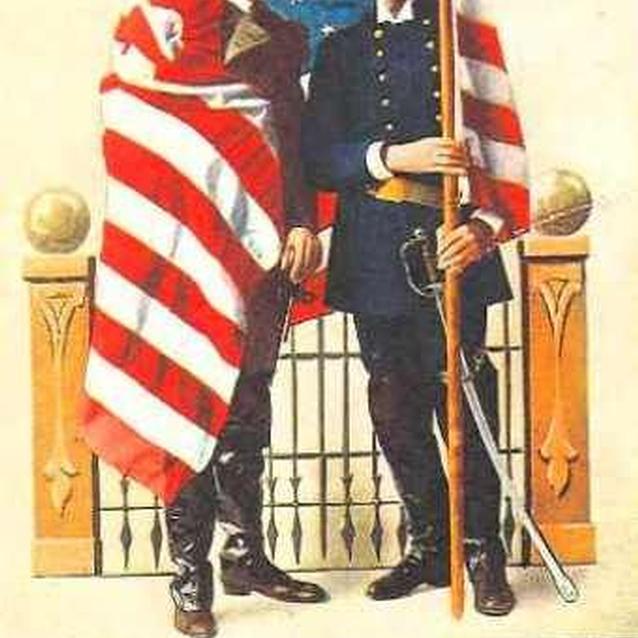 A turn-of-the-century Decoration Day postcard showing Union and Confederate veteran draped by and American flag A turn-of-the-century Decoration Day postcard showing Union and Confederate veteran draped by and American flag